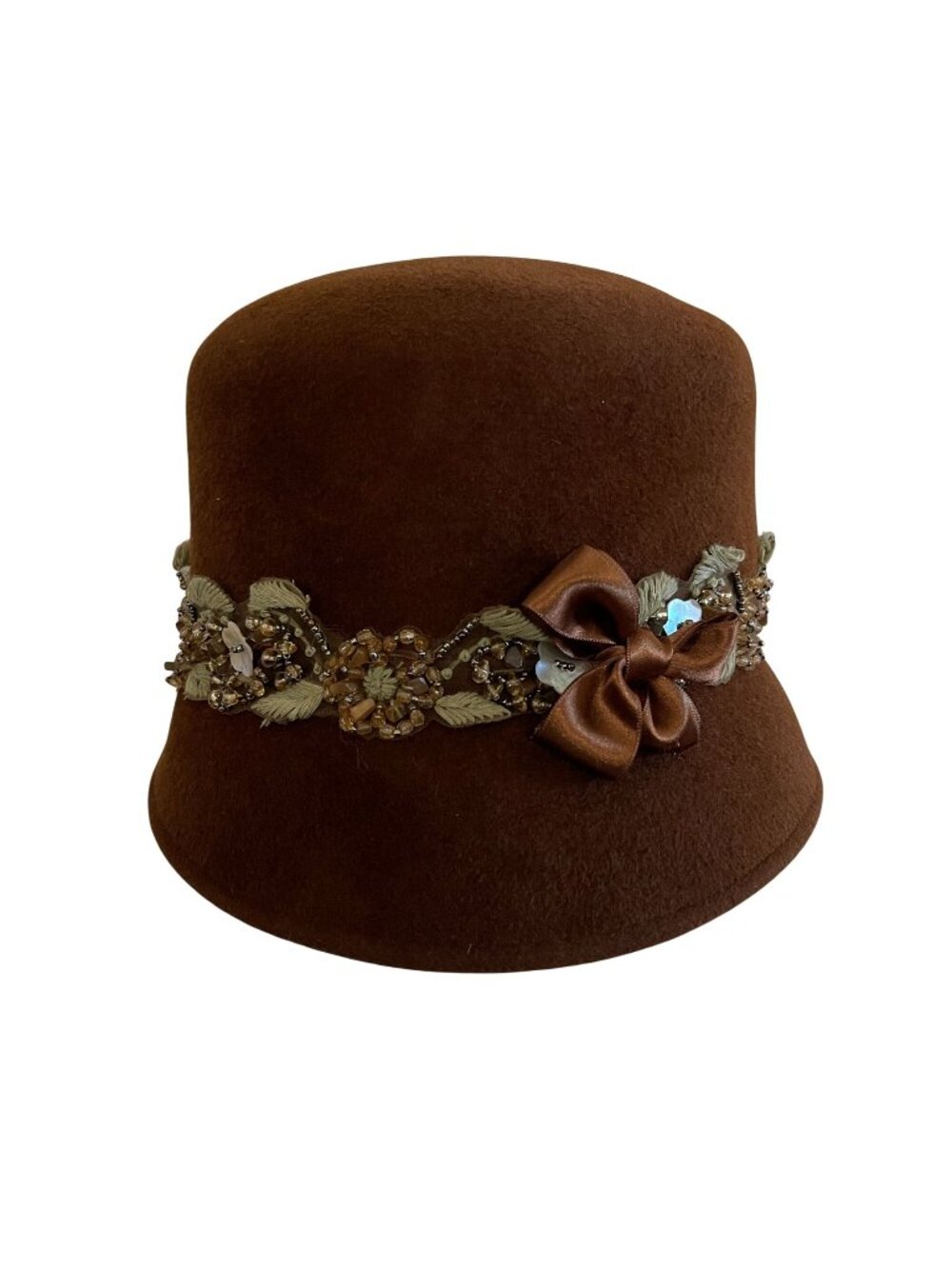 Louise Green Brown Felt Hat With Beaded Floral Trim & Bow Accent